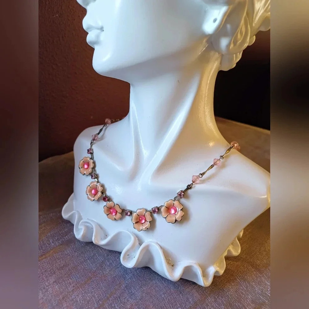 Vintage Pink Primrose Crystal Flower Necklace
